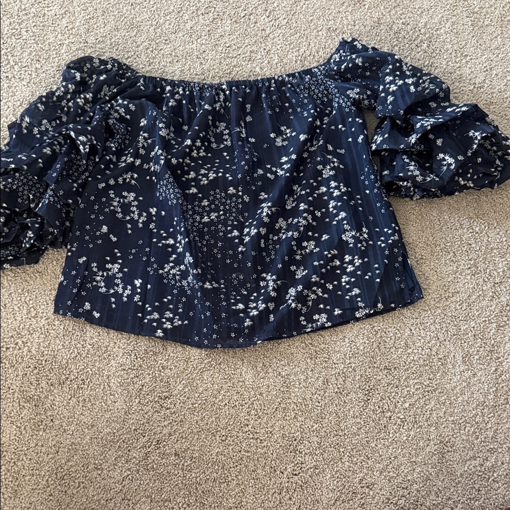 1. State Navy Floral Off-Shoulder Blouse